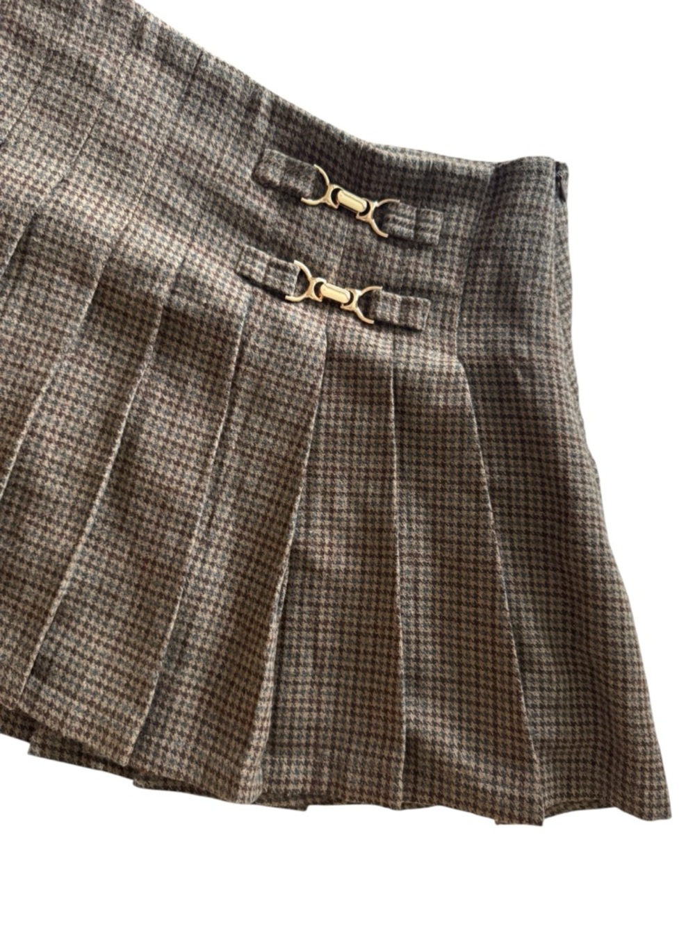 Avec Les Filles Brown Houndstooth Pleated Mini Skirt with Gold Tone Buckles